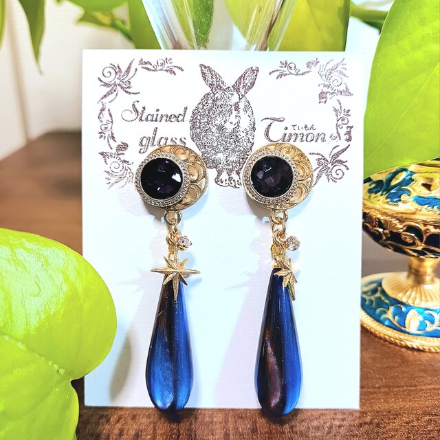 月唐草と雫のヴィンテージピアス ブルー☪︎ダークパープル No.1154