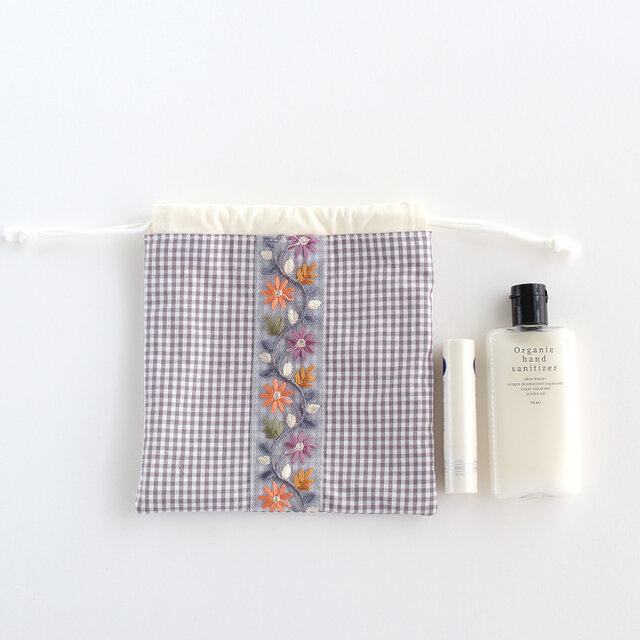 インド刺繍リボンのミニ巾着 チェック | iichi 日々の暮らしを心地よく