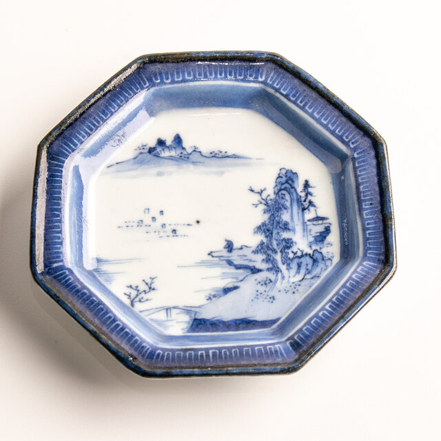 古伊万里 染付楼閣山水文 八角小皿 江戸後期