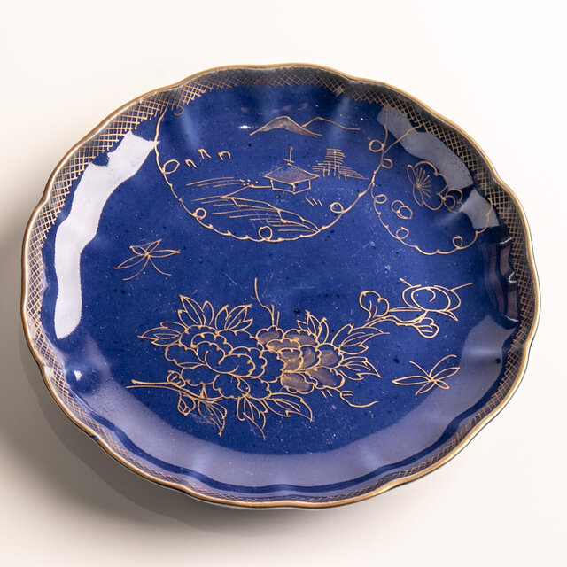 古伊万里 瑠璃釉金彩山水牡丹文七寸皿 明治時代 D717