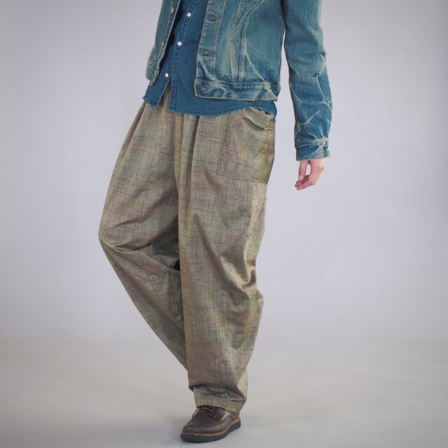 着物リメイク 一点物 ノラパンツ Noragiスタイル ユニセックス・ワイドシルエット テーパードパンツ エフォートレス 3L