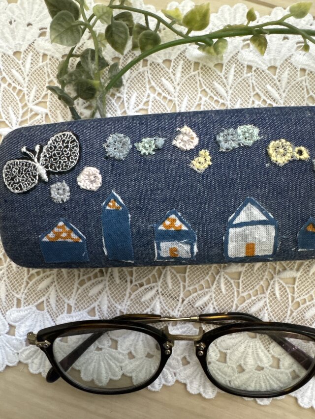 ✳︎ハンドメイド☆ミナペルホネンメガネケース 蝶々hütteスカイフル