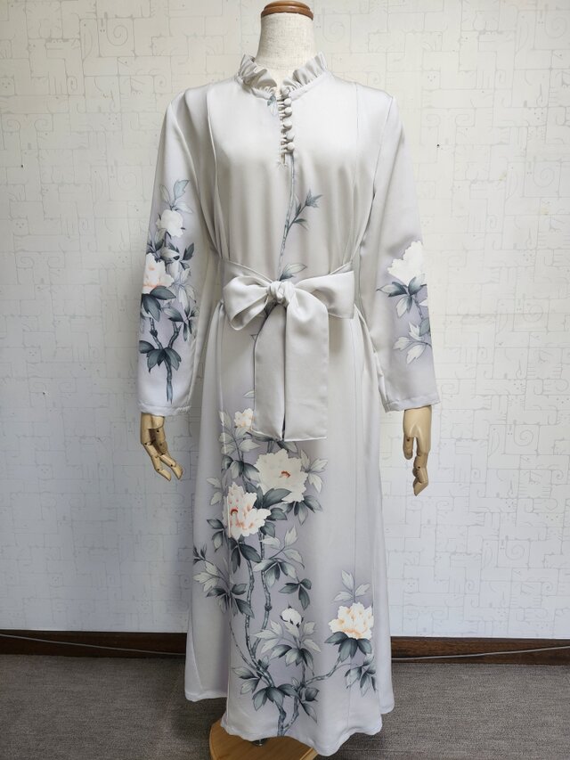 着物リメイク　襟フリルロングワンピース