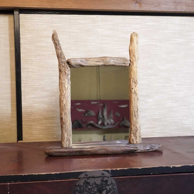 麻布スタンドミラー 手作り、流木 流木ミラースタンド ミラー付き