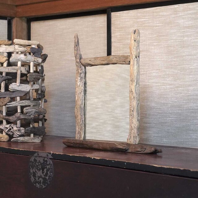 麻布スタンドミラー 手作り、流木 流木ミラースタンド ミラー付き