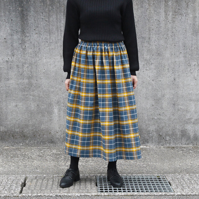 オーガニックコットン 起毛チェック ギャザースカート（ ブルーグレイ ）ポケット
