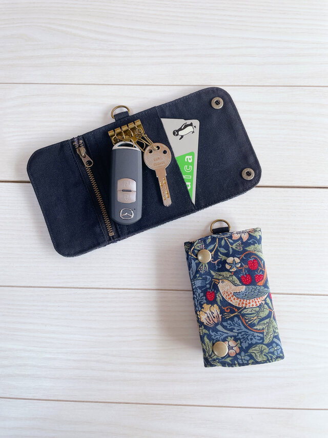 倉敷帆布　ウィリアムモリス　いちご泥棒　三つ折りキーケース　4連　スマートキーケース　カードケース　コインケース