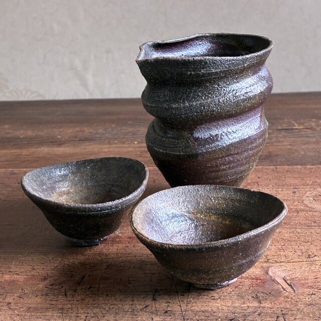 酒器セット（片口＋ぐい吞み2個） 赤土灰肌 信楽焼 焼締 和陶器 陶器