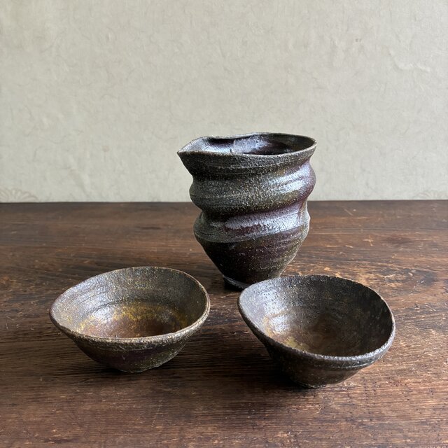 酒器セット（片口＋ぐい吞み2個） 赤土灰肌 信楽焼 焼締 和陶器 陶器