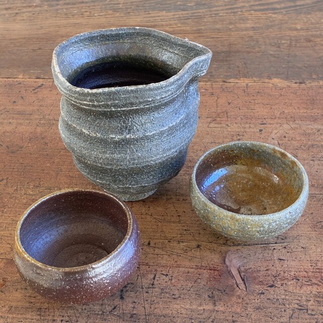 酒器セット（片口＋ぐい吞み2個） 灰被り片口 焼締 和陶器 陶器 晩酌