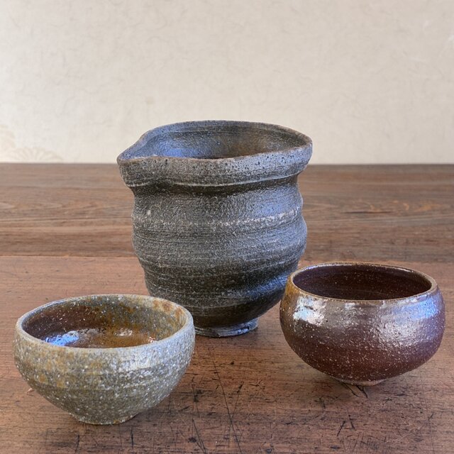 酒器セット（片口＋ぐい吞み2個） 灰被り片口 焼締 和陶器 陶器 晩酌
