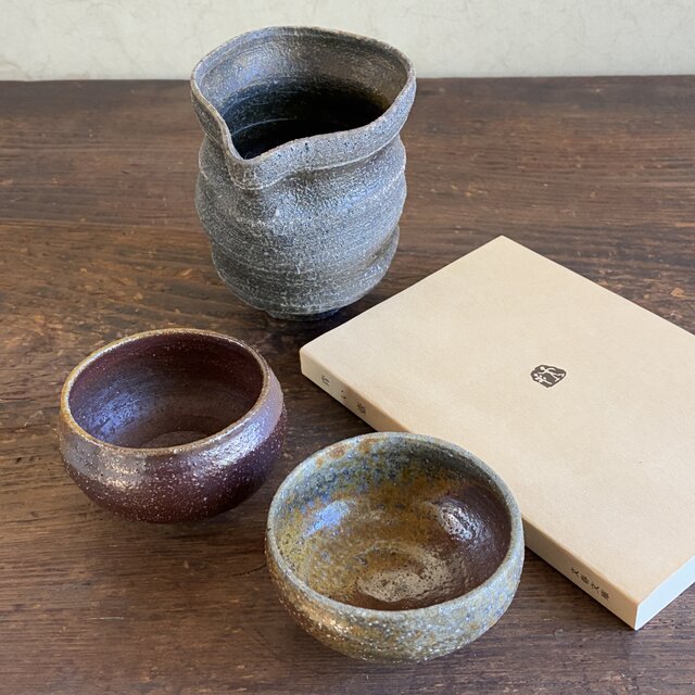 酒器セット（片口＋ぐい吞み2個） 灰被り片口 焼締 和陶器 陶器 晩酌