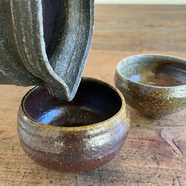 酒器セット（片口＋ぐい吞み2個） 灰被り片口 焼締 和陶器 陶器 晩酌