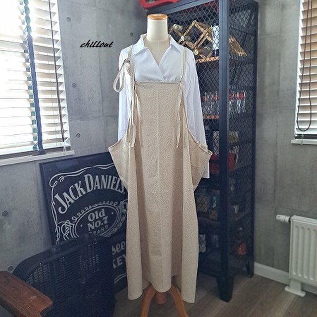 【背中がかわいい】マキシ：エプロンドレス：ワッシャーリネン【1006】