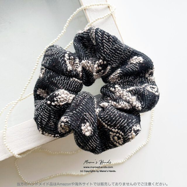 《上品な花模様 織り》おしゃれな チャコールグレー ナチュラル ラメ アイボリー 厚手系  ボリューム シュシュ ヘアゴム