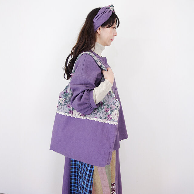 [予約販売] アンティークフラワーとモーブリネンのソフト肩掛けBAG（リンクコーデになります）