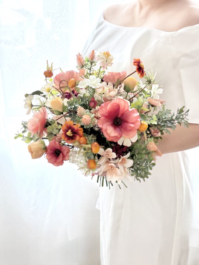 ブートニア込】秋冬おすすめ♪オレンジカラーのナチュラルブーケ