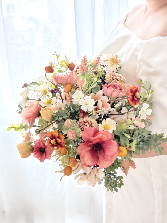 ブートニア込】秋冬おすすめ♪オレンジカラーのナチュラルブーケ