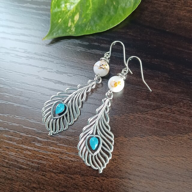 アンティークシルバー シェル フェザーピアス ハンドメイド No.65