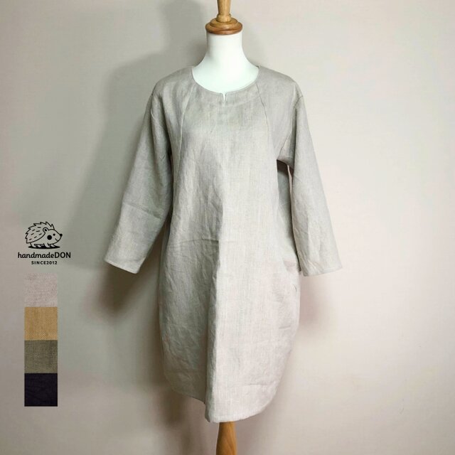 【厚手リネン】サックワンピース　長袖◆生成り◆ウィンターリネン（厚手15番手、リネン100％）◆S・M・Ⅼ・LL