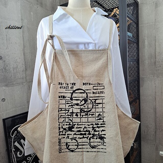 【sale】【背中がかわいい】エプロンドレス：レトロレター：リネン【0699】