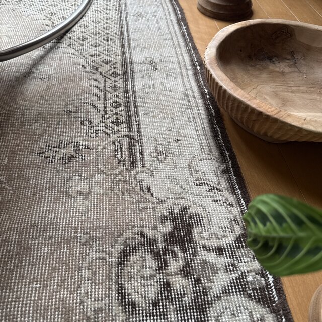 トルコヴィンテージラグ　122×209　メダリオン　ベージュブラウン×グレー 117×207グレージュ×ブラウン クラシカルメダリオン トルコ