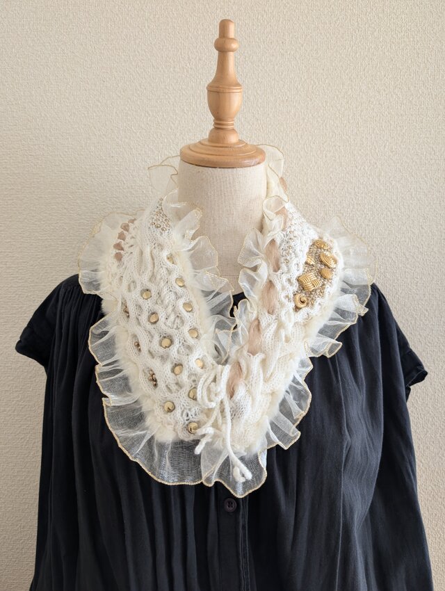 217.なわ編みのDecoティペットElegant White【エコファー裏地つき】