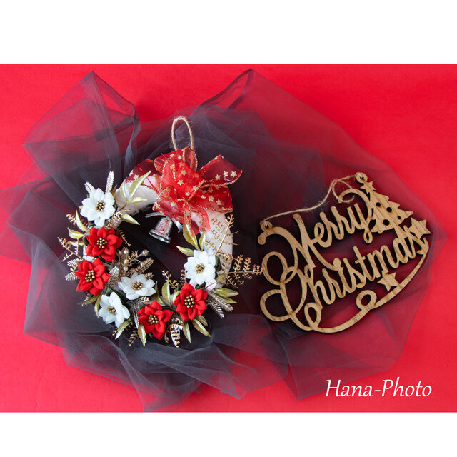 1点限り＞赤と白のポインセチアのクリスマスリース B リース台