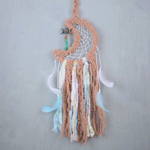 ドリームキャッチャー　クリスタル　トリプルムーン　モコモコ　ブラウン　天然石