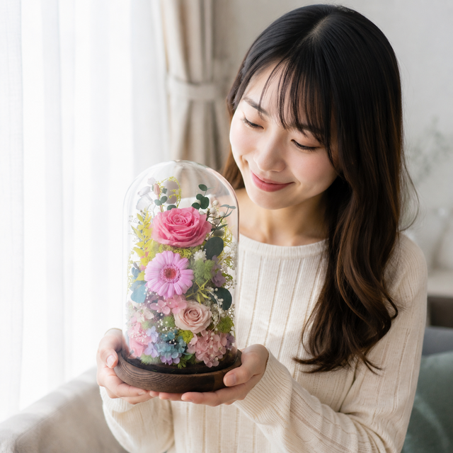 プリザーブドローズのガラスドーム「笑顔」｜4色・木製台座・開店祝い