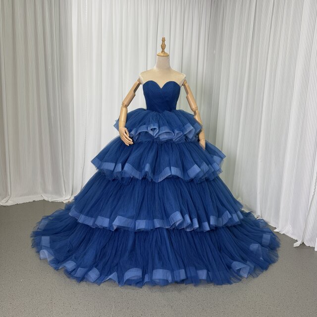 華やか カラードレス ベアトップ ジュエルブルー ボリュームドレス プリーツスカート 花嫁