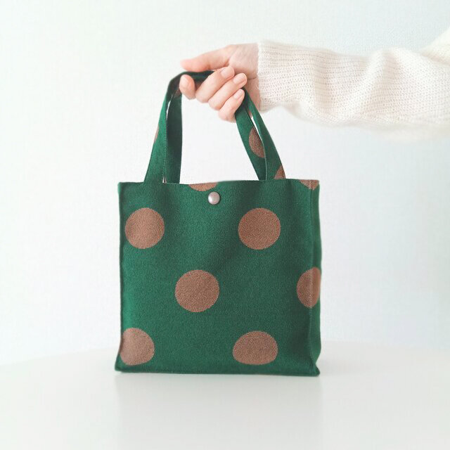 ボックス型トートバッグ 水玉 ジャガード織り ドット柄 グリーン 秋 冬