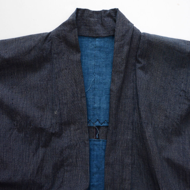 野良着 藍染縞模様 着物ジャケット｜藍無地裏地付き｜古布 ジャパン
