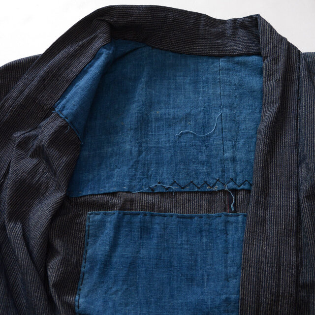 野良着 藍染縞模様 着物ジャケット｜藍無地裏地付き｜古布 ジャパン