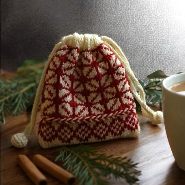 北欧ニット巾着／赤×白メリノウール