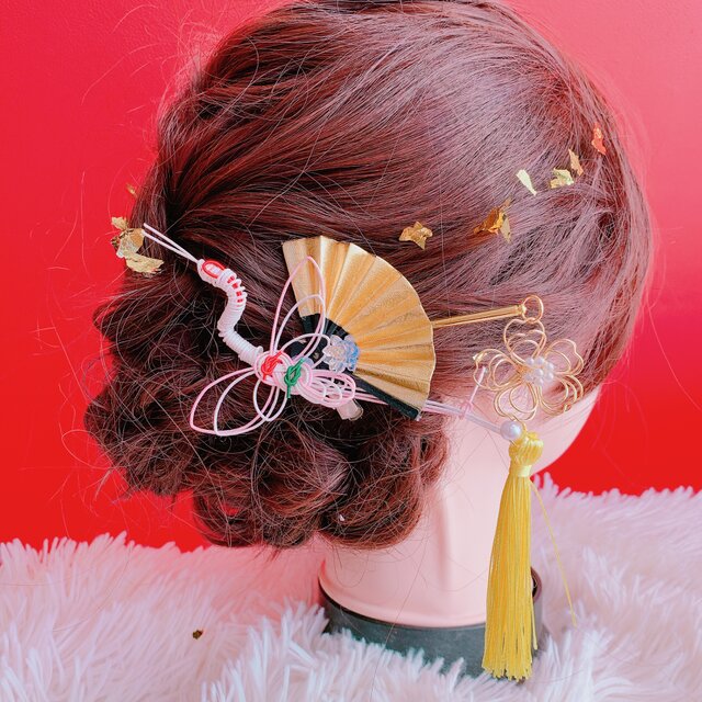 鶴☆水引髪飾り☆光る☆チャーム☆お花つき☆扇子髪飾り☆成人式髪飾り☆結婚式髪飾り☆白無垢ヘア☆よさこい☆だんじり☆お祭り髪飾り