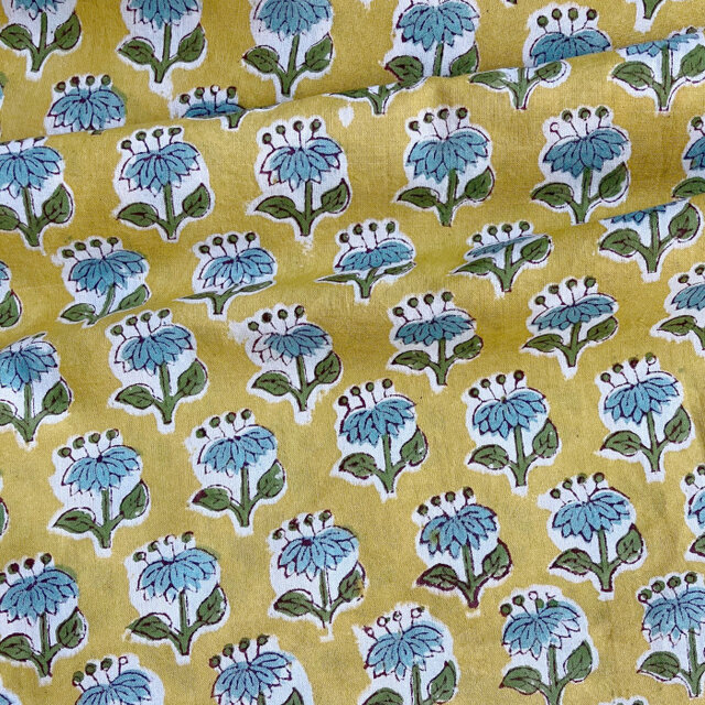 インド ブロックプリント生地 [50cm単位切売] サンガネリ ヘナグリーン ミニフラワー 花 SA IF0358