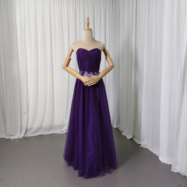 カラードレス パープル ベアトップ 繊細レース ロング 細見えシルエット 音楽会/発表会