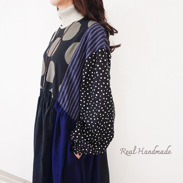 ドットとストライプのミックスリネン・シャーリングマキシ