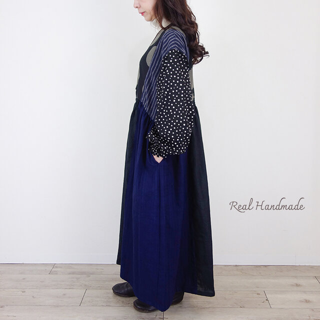 ドットとストライプのミックスリネン・シャーリングマキシ