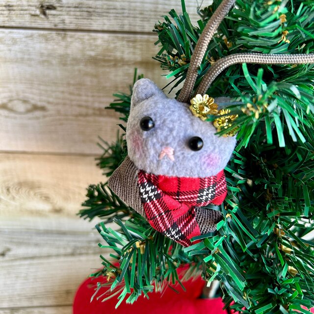 SALE！大人かわいい★マフラー猫ちゃんクリスマスオーナメント　フリース　コーデュロイ　花　クリスマス　クリスマス雑貨