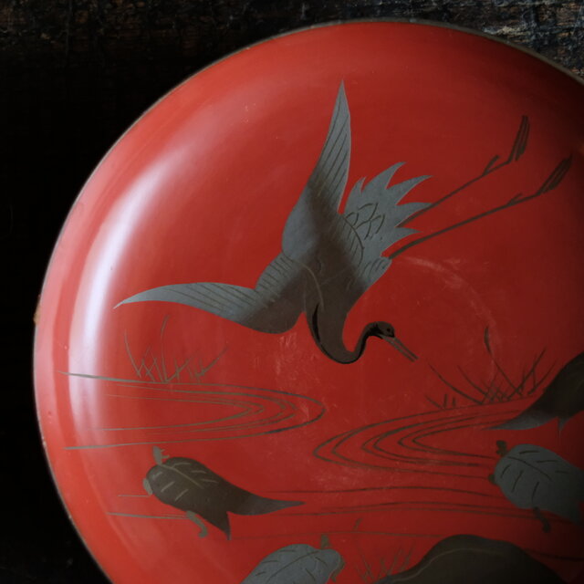 鶴と亀◇味のあるお品物。古輪島塗 漆芸蒔絵盃 中皿 漆器 古道具 骨董