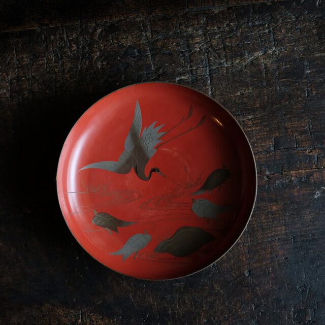 鶴と亀◇味のあるお品物。古輪島塗 漆芸蒔絵盃 中皿 漆器 古道具 骨董