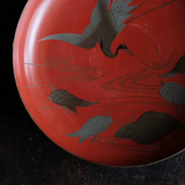 鶴と亀◇味のあるお品物。古輪島塗 漆芸蒔絵盃 中皿 漆器 古道具 骨董