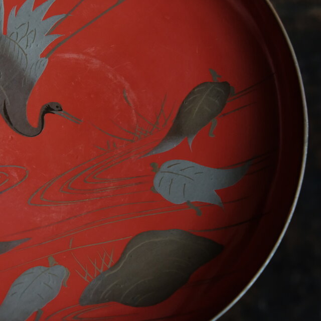 鶴と亀◇味のあるお品物。古輪島塗 漆芸蒔絵盃 中皿 漆器 古道具 骨董