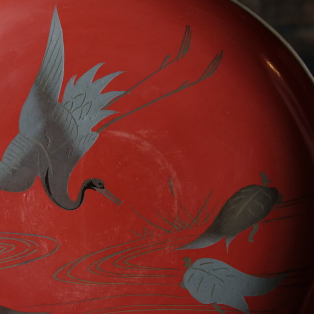 鶴と亀◇味のあるお品物。古輪島塗 漆芸蒔絵盃 中皿 漆器 古道具 骨董