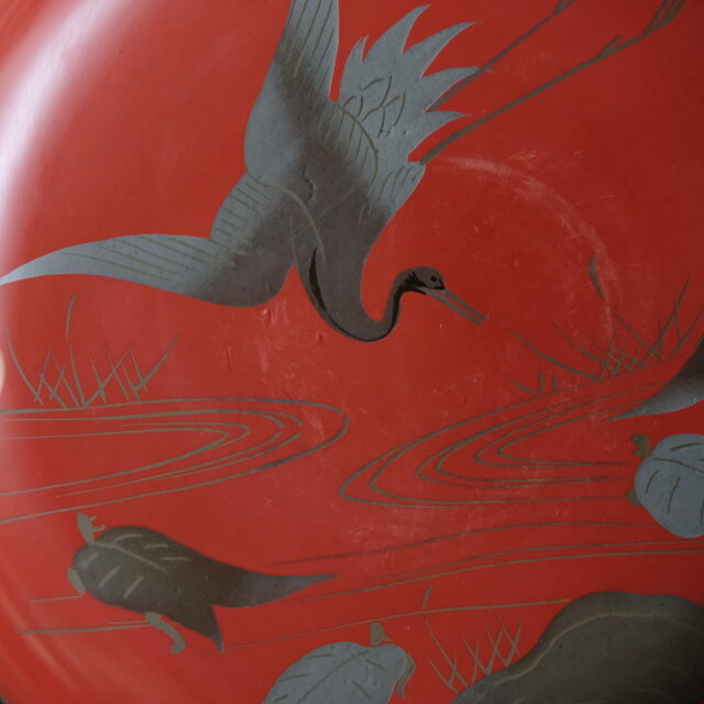 鶴と亀◇味のあるお品物。古輪島塗 漆芸蒔絵盃 中皿 漆器 古道具 骨董