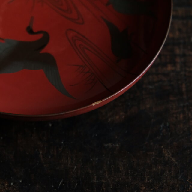 鶴と亀◇味のあるお品物。古輪島塗 漆芸蒔絵盃 中皿 漆器 古道具 骨董
