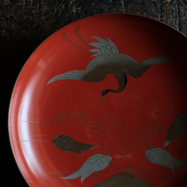 鶴と亀◇味のあるお品物。古輪島塗 漆芸蒔絵盃 中皿 漆器 骨董/antique