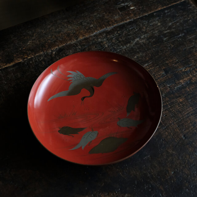 鶴と亀◇味のあるお品物。古輪島塗 漆芸蒔絵盃 中皿 漆器 骨董/antique